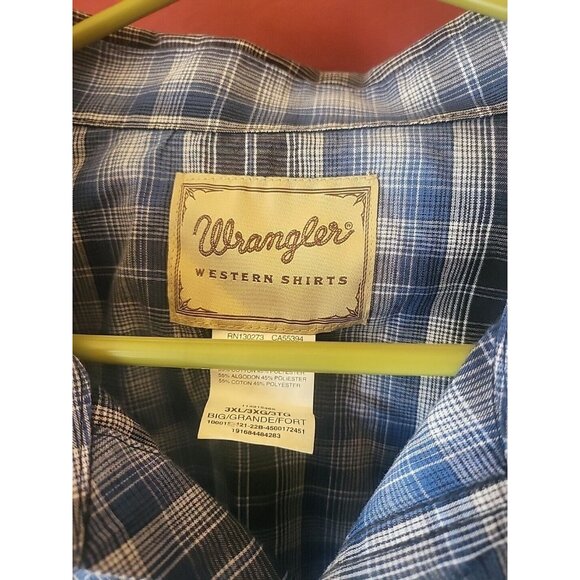 VINTAGE Wrangler Short Sleeve Pearl Snap Shirt Men's 3XL Blue Plaid Western - Picture 4 of 5